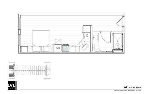 Floor plan for studio, 1 bath, 400 sqft